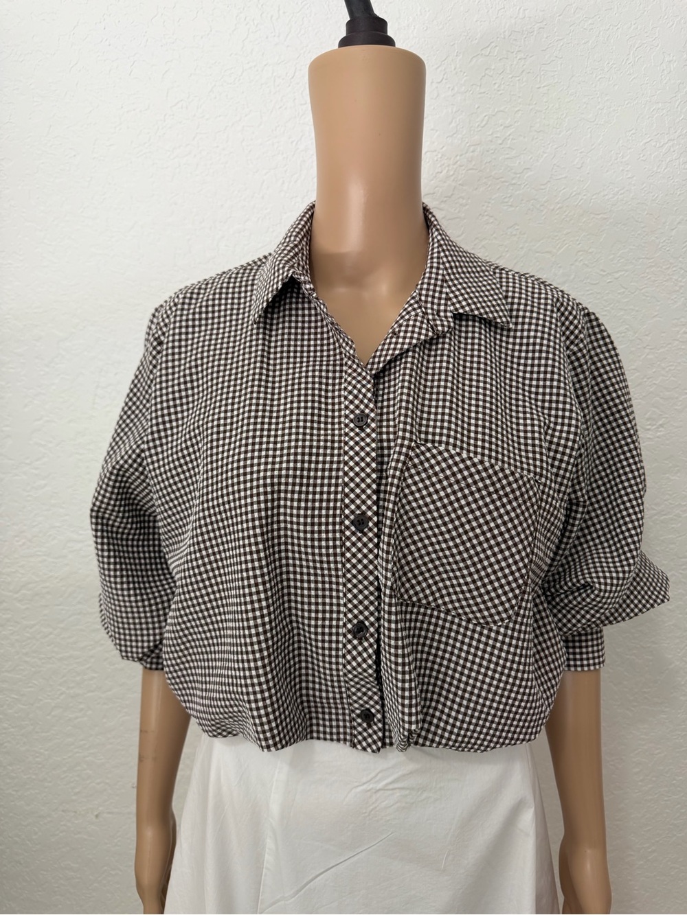 Zara brown and White Gingham Button-Front Blouse